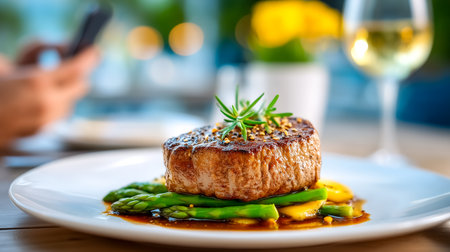 Delicious grilled salmon steak garnished with fresh herbs resting on fresh asparagus and mango slices. Elegant table setting with glass of white wine in background.の素材