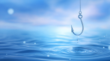 Fishing hook dangles over tranquil blue water with soft ripples. Gentle sunlight adds sparkle to the serene aquatic setting. Concept of fishing, outdoor recreation, water sports.の素材