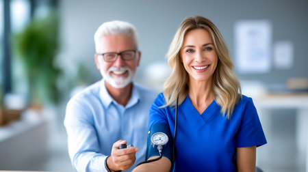 Healthcare professional measures blood pressure of smiling senior man. Bright clinic environment with friendly atmosphere. Concept of healthcare, wellness, patient care.の素材