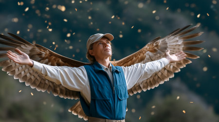 Person stands confidently with arms outstretched, surrounded by floating leaves in a tranquil forest. Natural setting conveys connection to wildlife.の素材