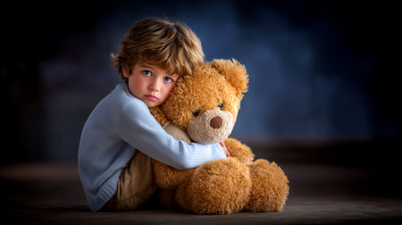 Child holding teddy bear with a thoughtful expression in cozy indoor environment. Soft lighting creates warm atmosphere. Concept of childhood, comfort, and emotional support.の素材