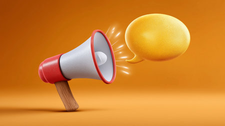 Megaphone emits bright speech bubble symbolizing communication and public outreach. Warm background enhances visibility and clarity. Concept for marketing, advertising, public relations.の素材