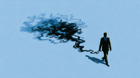 Man strides forward on light blue background, dark swirling smoke trails behind him symbolizing deep thoughts and emotions. Concept of mental health, introspection, psychology.の素材