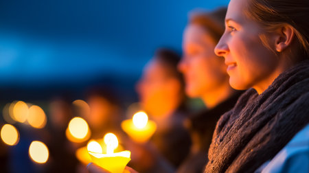 Individuals are holding candles, creating a warm glow in a tranquil evening atmosphere. Gathering takes place outdoors, highlighting sense of community and togetherness.の素材