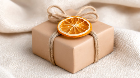 Gift box decorated with natural string and a dried orange slice resting on soft fabric. Neutral color scheme creates a warm ambiance. Concept of gift wrapping, seasonal marketing, creative packaging.の素材
