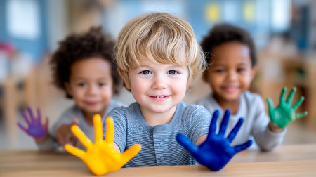 Three children joyfully displaying painted hands in a cheerful classroom. Brightly lit space with wooden tables enhances playful atmosphere. Concept of early education, creativity, child development.の素材