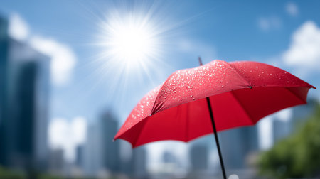 Red umbrella adorned with raindrops stands tall under radiant sun. City skyline in background adds modern touch, evoking themes of protection and resilience.の素材