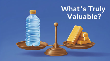 Balance scale showing water bottle and gold bars, prompting reflection on value perception. Bright blue background creates contrast, thoughtful thoughtful dialogues.の素材