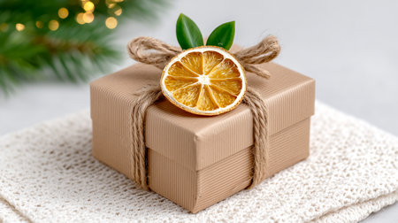 Wrapped gift box features dried orange slice and twine on textured fabric. Soft neutral colors create a warm atmosphere in holiday setting. Concept of gifting, celebration, home decor.の素材