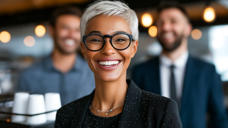 Woman smiling confidently in modern office environment with colleagues nearby. Bright, welcoming atmosphere with decorative lights. Concept of teamwork, professionalism, workplace culture.の素材