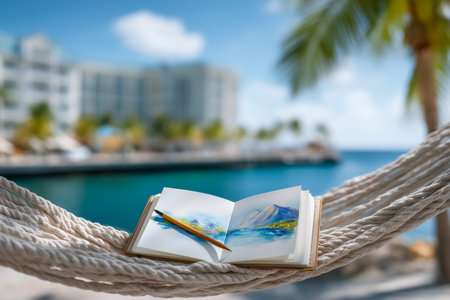 Watercolor book lies open in hammock, showcasing vibrant art against serene ocean backdrop. Tropical setting with swaying palm trees, ideal for inspiration, art retreats, leisure.の素材
