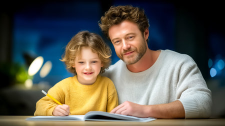 Father and son focus on drawing together at home during evening hours. Warm, inviting atmosphere with soft lighting highlighting their joyful expressions.の素材