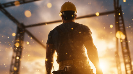 Construction worker stands with back to camera, looking at sunset over construction site. Golden light highlights surrounding structures. Concept of construction, teamwork, safety.の素材
