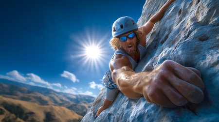 Man climbing rugged rock face with focus and strength. Clear blue sky and sun shining highlight challenging terrain. Concept of climbing, outdoor sports, adventure tourism.の素材