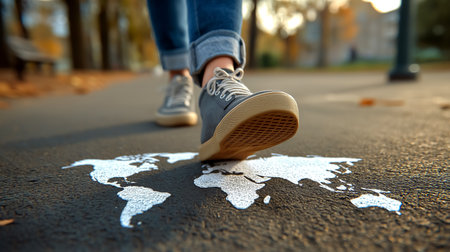 Footsteps trace world map on pavement as someone walks in urban park amidst colorful autumn leaves. Clear focus on footwear and map details. Concept of travel, exploration, geography.の素材