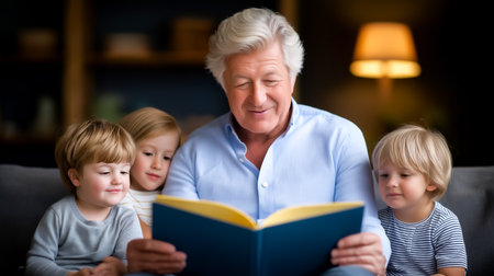 Grandfather engages children by reading a colorful storybook. Intimate indoor setting with soft lamp light enhances cozy atmosphere. Concept of family, storytelling, childhood education.の素材