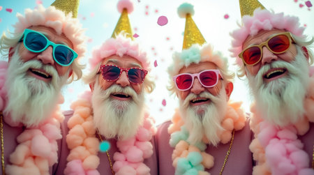 Group of four elderly men with long white beards dressed in colorful festive costumes smiling and celebrating outdoors. Cheerful atmosphere with bright colors.の素材