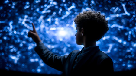 Child points at luminous stars in vibrant cosmic display. Dark background enhances twinkling blue lights. Concept of astronomy, education, science exploration.の素材