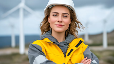 Confident woman wearing safety helmet and jacket smiles at camera, standing in front of wind turbines. Bright yellow and grey attire contrasts with open sky.の素材