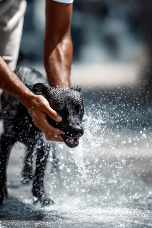 Man shakes water off excited dog during playful moment, creating a lively scene with sparkling droplets in bright outdoor setting. Concept of pet care, outdoor activities, dog grooming.の素材
