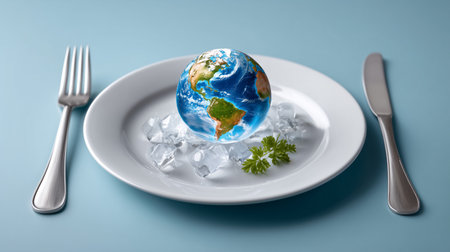 Earth globe rests on white plate surrounded by ice cubes and parsley. Clean blue surface enhances the unique culinary presentation.の素材