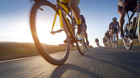 Cyclists pedal fiercely along open road with sun setting in background. Clear blue sky and asphalt setting create energetic atmosphere. Concept of sports, fitness, cycling competitions.の素材