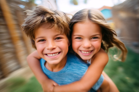 Children hugging and smiling cheerfully in backyard with green grass. Bright outdoor setting captures joy of friendship and playful spirit. Concept family activities, childhood memories, outdoor fun.の素材