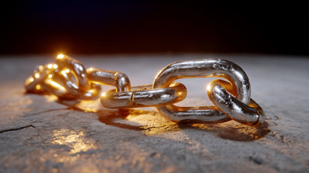Shiny metal chain links connected on rough textured surface reflecting warm light. Dramatic lighting creates a striking effect. Concept of strength, durability, construction.の素材