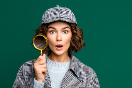 Woman with curly hair looks at camera holding a magnifying glass, expressing surprise. Stylish checkered coat adds flair. Bold green background suggests concepts of curiosity and investigation.の素材