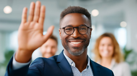 Man is waving with a bright smile in contemporary office. Colleagues are visible in background, fostering a collaborative atmosphere. Concept of teamwork, corporate culture, networking.の素材