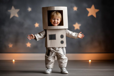Child with joyful smile wearing cardboard astronaut costume stands with arms open wide against a starry background. Indoor setting evokes creativity and playfulness.の素材