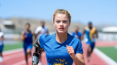 Girl with prosthetic arm runs competitively on athletic track. Fast-paced setting highlights determination and resilience. Sunny outdoor environment showcasing sports and athletics.の素材