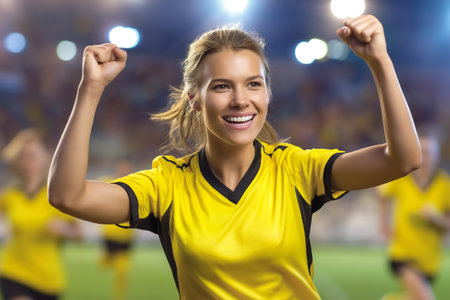 Athlete celebrating victory with joyful expression and raised arms. Dynamic sports environment with bright lights and cheering crowd. Concept of team sports, athletic achievement, event celebration.の素材