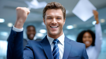 Man with bright smile raising fist in triumph surrounded by happy colleagues in contemporary office. Clean workspace enhances sense of achievement. Concept of corporate victory, teamwork, motivation.の素材