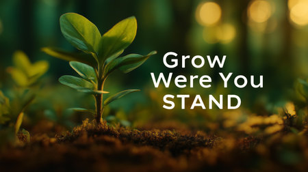 A small green plant sprouts from nutrient-rich soil, surrounded by a serene forest atmosphere. Gentle sunlight filters through the trees, evoking feelings of growth and renewal.の素材