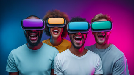 Friends laughing and immersed in virtual reality experience with colorful headsets. Bright blue and pink background enhances joyful atmosphere. Concept of gaming, technology, entertainment.の素材