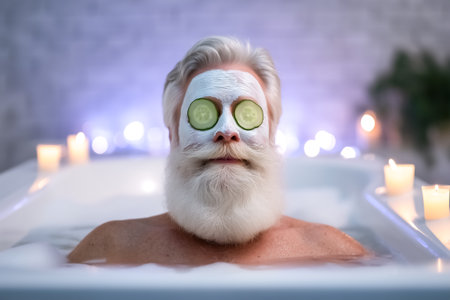 Man enjoys spa experience in bathtub, relaxing with cucumber slices on eyes and facial mask. Soft candlelight enhances tranquil atmosphere. Concept of wellness, self-care, relaxation.の素材