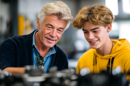 Older man looks at tools with young man actively engaged in mechanical project. Bright workshop setting with various machinery around. Concept of mentorship, education, vocational training.の素材