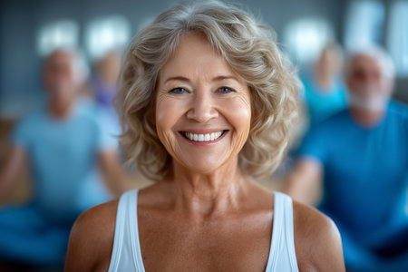 Elderly woman smiling directly at camera while engaging in yoga with others. Bright and serene studio atmosphere promotes relaxation and mindfulness. Concept of fitness, wellness, yoga practice.の素材