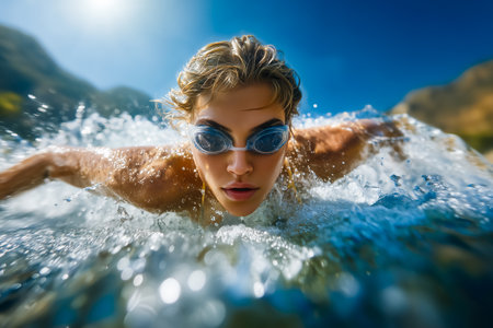 Woman swims freestyle through clear blue water with arms extended. Bright sunlight enhances active setting of outdoor swimming. Concept of fitness, sports, competition.の素材
