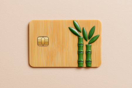 Bamboo themed credit card with vibrant green leaves featured on a smooth wooden background. Clean, modern aesthetic highlighting sustainability and nature.の素材
