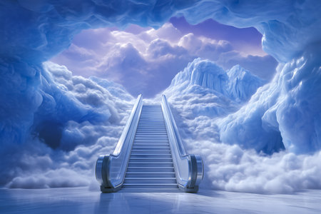 Stairway rises into fluffy clouds illuminated by soft light. Otherworldly setting evokes dreams and tranquility. Concept of fantasy, spirituality, art installation.の素材