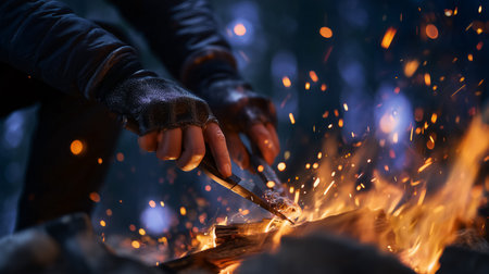 Individual stokes lively campfire, sending sparks into the night air surrounded by a dark forest. Scene evokes warmth and adventure. Concept of camping, outdoor cooking, wilderness survival.の素材