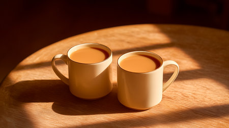 Two yellow coffee cups resting on a round wooden table with gentle sunlight illuminating the scene. Warm ambiance creates inviting atmosphere. Concept of coffee shop, morning routine, relaxation.の素材