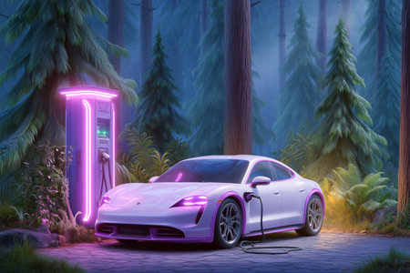 Electric car charges at vibrant neon station in enchanting forest. Surrounded by tall trees and mystical fog, creating a serene and futuristic atmosphere.の素材