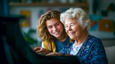 Grandmother smiles while playing piano with grandson looking at her with joy. Bright indoor space filled with art and crafts. Concept of family bonding, music therapy, creative expression.の素材