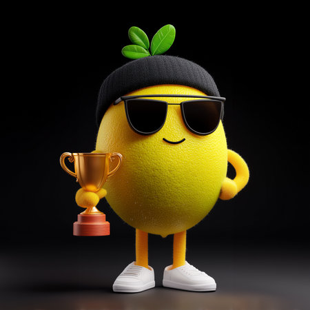 Chibbi lemon character holding a trophy while wearing gangster sunglasses. Vibrant yellow character stands out against dark backdrop. Concept of fun branding, merchandise, animation.の素材