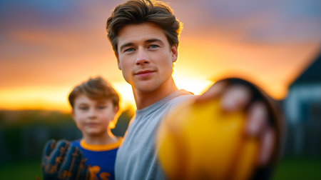 Young man holding a yellow ball while looking at camera, with boy in background. Bright sunset creates warm atmosphere. Concept of outdoor activities, family bonding, sports.の素材