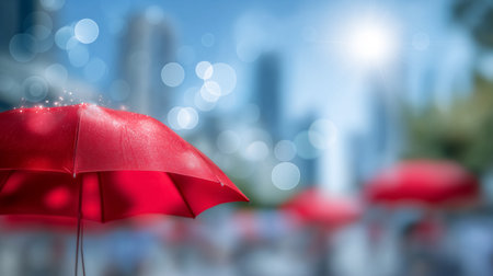 Vibrant red umbrella stands in focus against blurred cityscape featuring skyscrapers. Sunlight glimmers softly, creating a cheerful atmosphere. Concept for hospitality, tourism, outdoor events.の素材