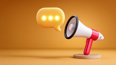 Glowing speech bubble rises from red megaphone representing impactful communication. Clean layout against warm background enhances visibility. Concept of marketing, advertising, public relations.の素材